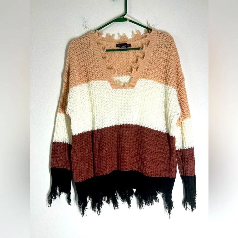 Trendy Treads  Multicolored Striped Distressed Sweater , V Neck Size 2X